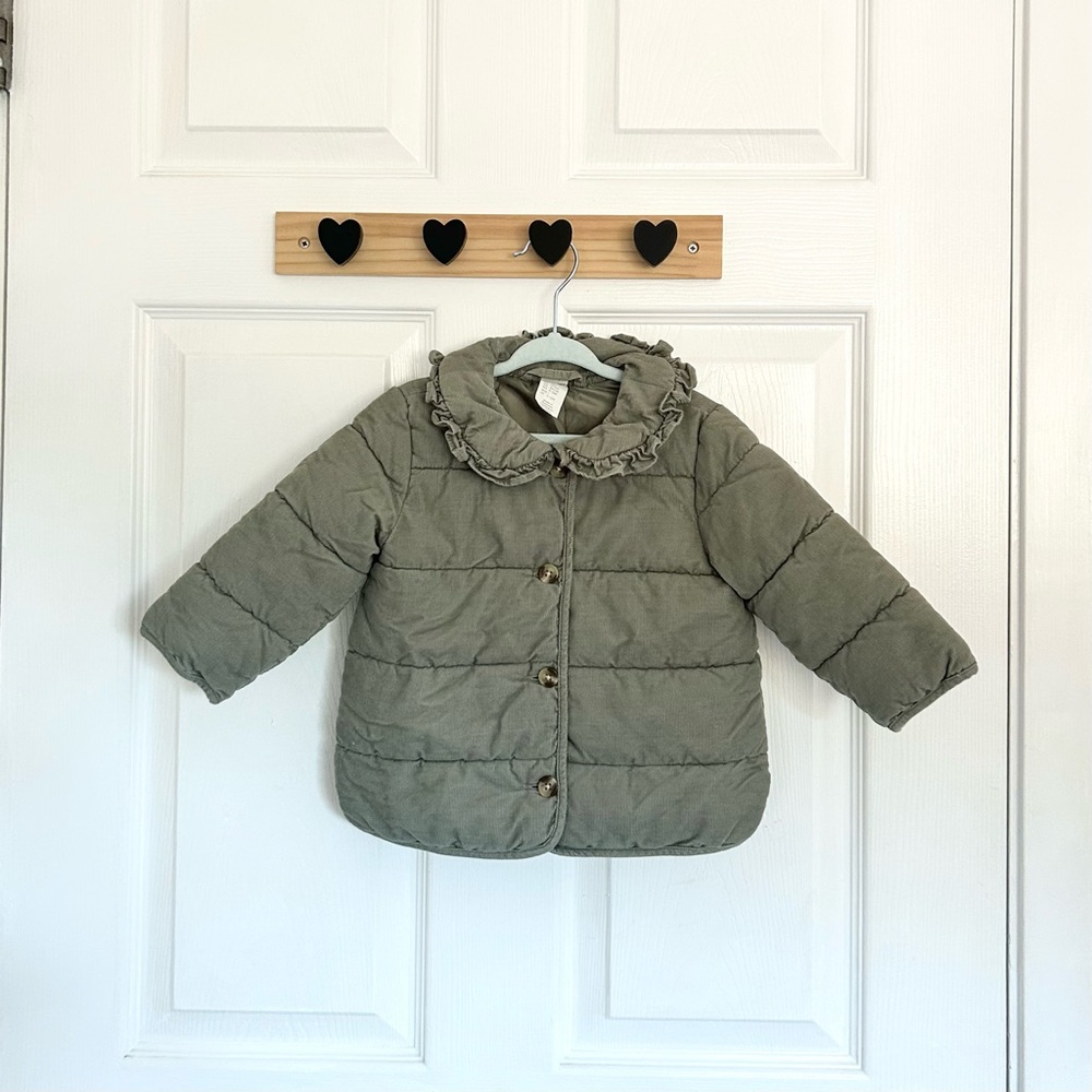 H&M Baby Girl Ruffled Peter Pan Collar Dusty Green Corduroy Quilted Coat 9-12 Mo